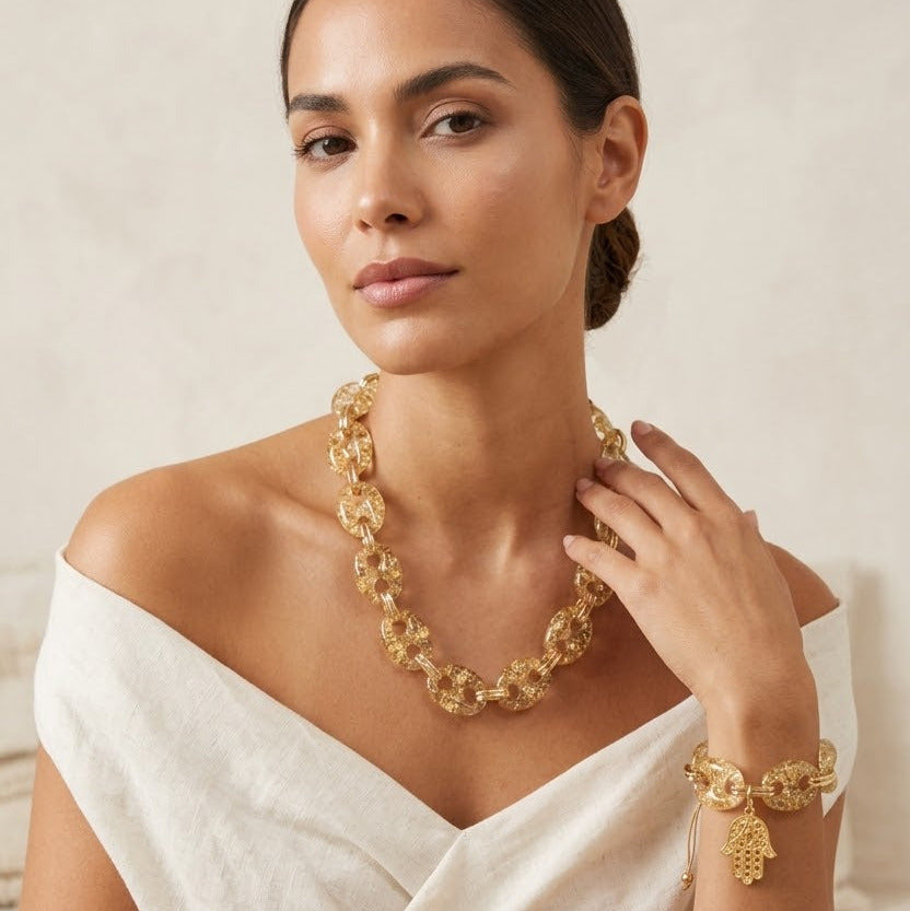 Set Collar y Pulsera Hamsa Dorado | Joyería Artesanal con Buena Energía